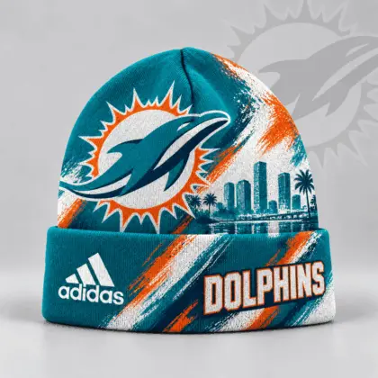 Miami Dolphins | Premium NFL Urban Skyline Distressed Brushstroke Knit Cuffed Beanie Hat NDN