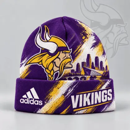 Minnesota Vikings | Premium NFL Urban Skyline Distressed Brushstroke Knit Cuffed Beanie Hat NDN