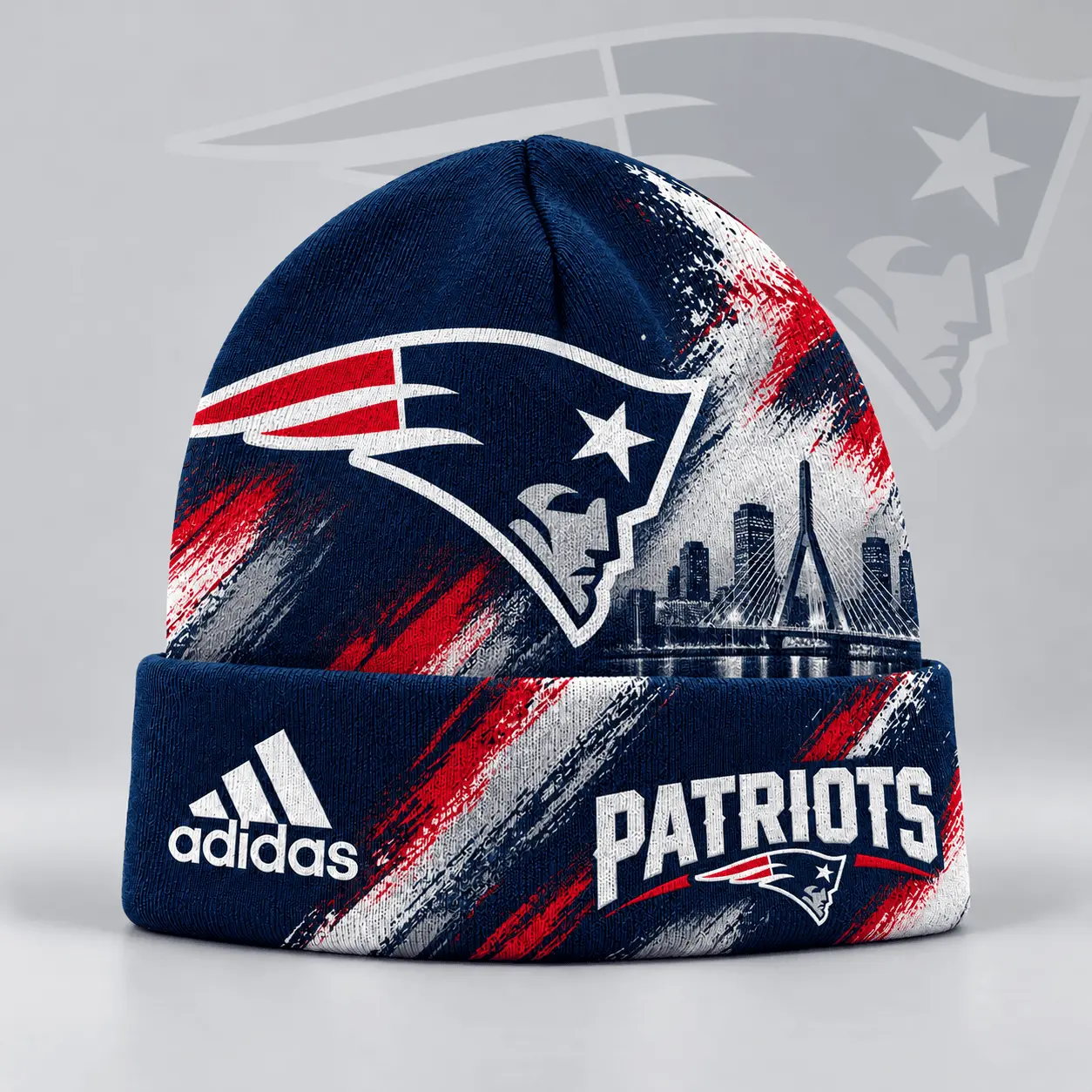 New England Patriots | Premium NFL Urban Skyline Distressed Brushstroke Knit Cuffed Beanie Hat NDN