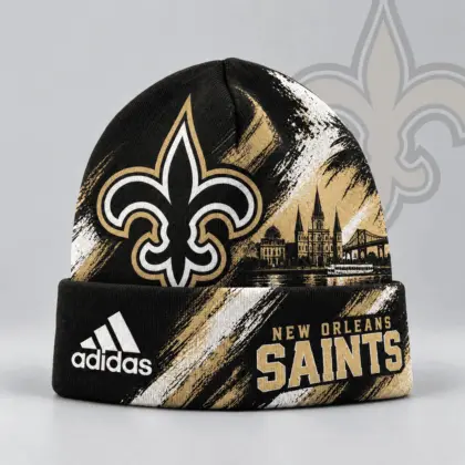 New Orleans Saints | Premium NFL Urban Skyline Distressed Brushstroke Knit Cuffed Beanie Hat NDN