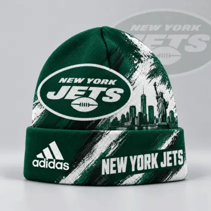 New York Jets | Premium NFL Urban Skyline Distressed Brushstroke Knit Cuffed Beanie Hat NDN