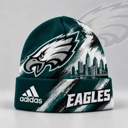 Philadelphia Eagles | Premium NFL Urban Skyline Distressed Brushstroke Knit Cuffed Beanie Hat NDN
