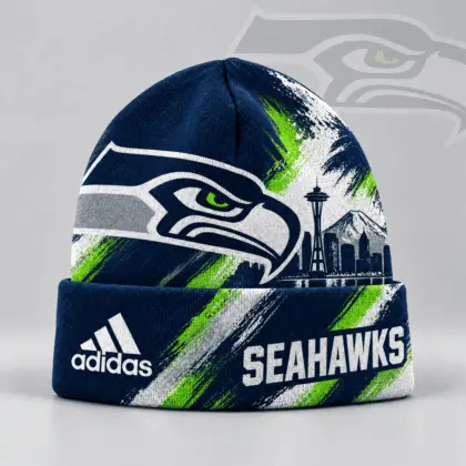 Seattle Seahawks | Premium NFL Urban Skyline Distressed Brushstroke Knit Cuffed Beanie Hat NDN